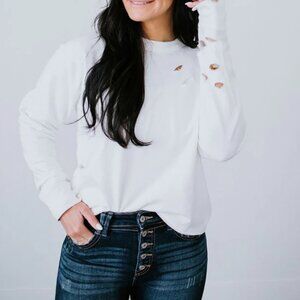 Lily & Lottie Distressed Crew Sweatshirt XS White French Terry‎ Oversized